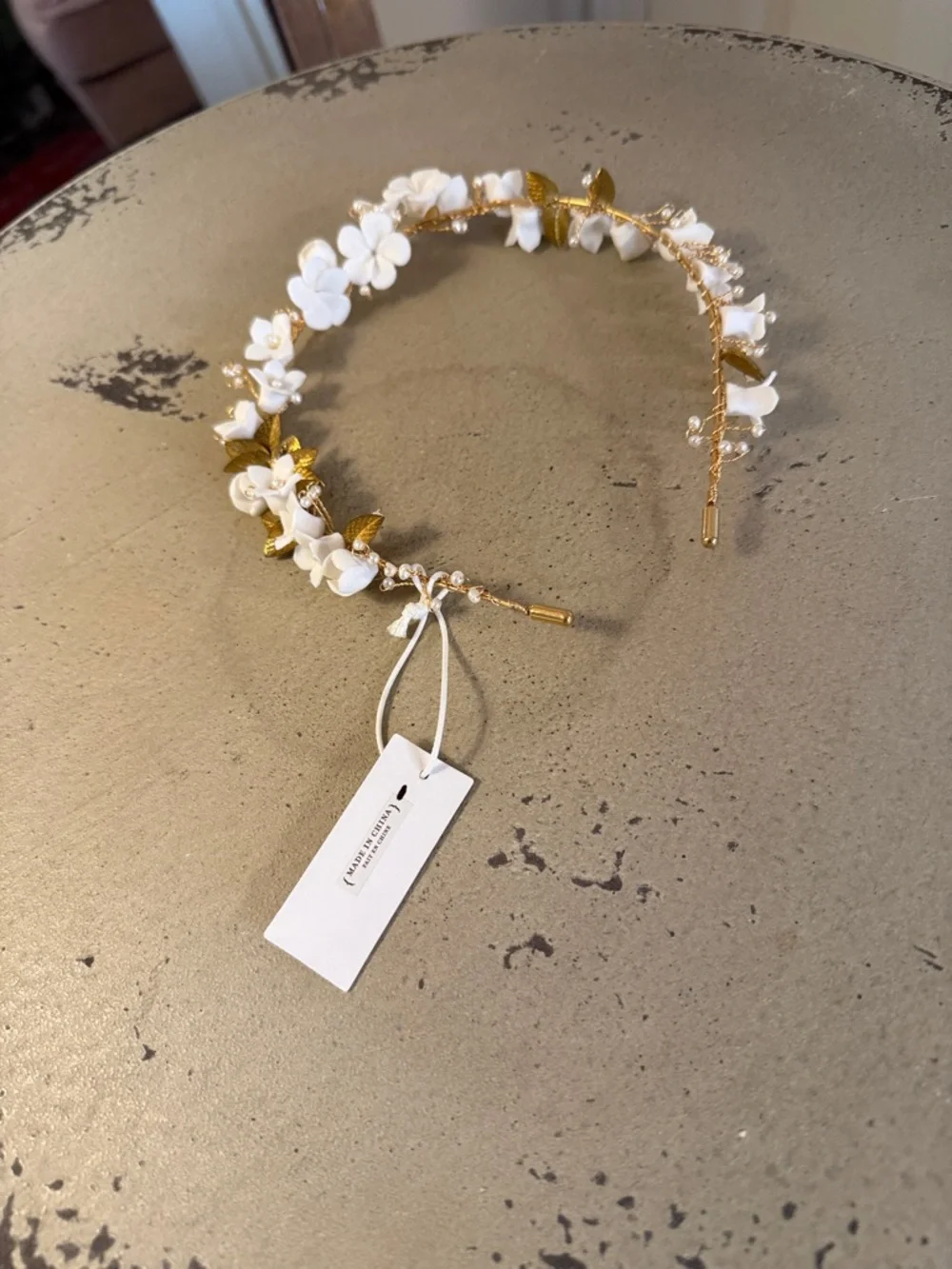 SEREFINA Enamel Gold and Pearl Headband with Ivory flowers BHLDN